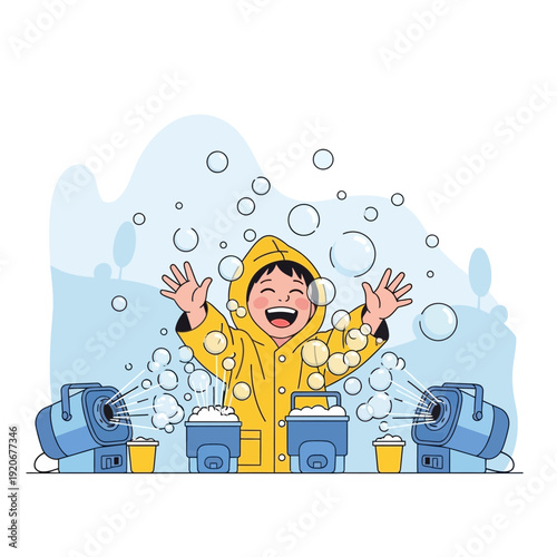 Joyful Child Revels in Bubble Mania Adventure With Machine Enthusiasm