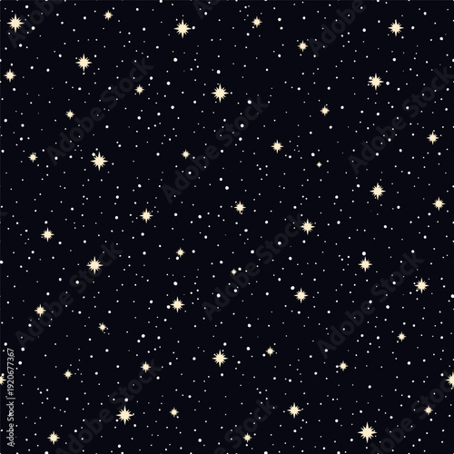 Hand drawn seamless pattern of white stars. Magic black night sky, shining starry sky. Mystical cosmic sign, astrology symbol, galaxy space. Vector illustration for wallpaper, wrapping paper, fabric