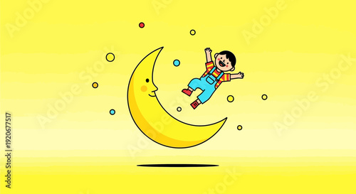 Joyful Child Soaring with a Friendly Crescent Moon