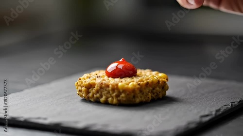 A chef's hand delicately places a cherry tomato on a toasted bread round with a knife on a slate plate in a kitchen setting for a video