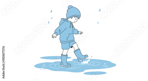 Joyful Child Splashing in Puddles Under Gentle Rain