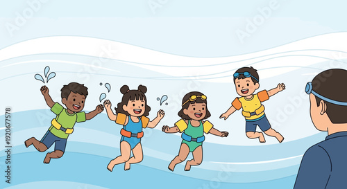 Joyful Children Learning To Swim In A Pool With Instructor