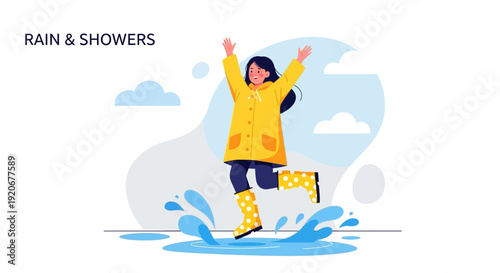 Joyful Child Splashing In Puddles Wearing Yellow Raincoat And Boots