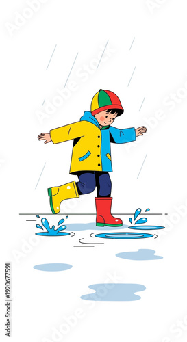 Joyful Child Splashing in Puddles, Embracing Playfulness During a Rainy Day Adventure
