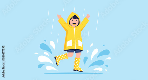 Joyful Child Splashing In Raindrops Wearing Yellowraincoat And Boots