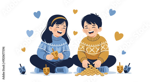 Joyful Children Playing Dreidels and Coins During Festive Celebration