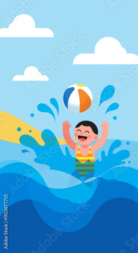 Joyful Child Splashing Water Playing Beach Ball Summer Fun