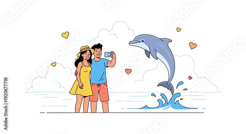 Joyful Couple Captures Dolphin's Leap on Beach Vacation Adventure