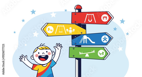 Joyful Child Stands Before Playground Signpost With Options