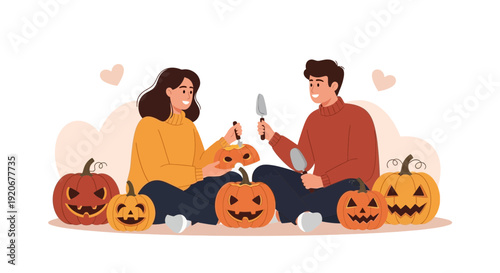 Joyful Couple Carving Pumpkins Together For Spooky Autumn Celebration