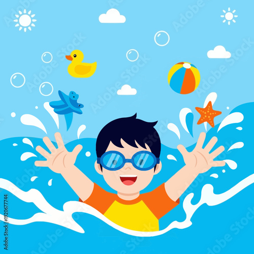 Joyful Child Swimming Merrily With Toys and Splashing Water