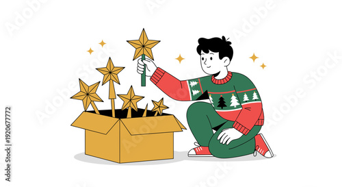 Joyful Child Unpacking Festive Stars for Holiday Cheer
