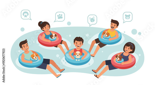 Joyful Family And Puppies Enjoying Pool Time Together On Floats