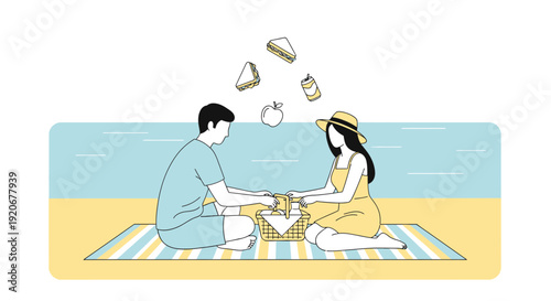 Joyful Couple Enjoys a Summer Picnic by the Ocean Shore