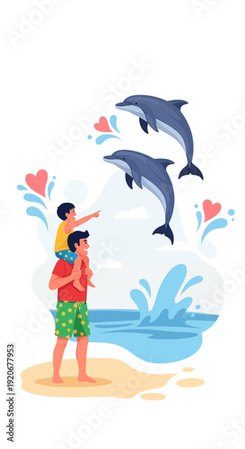 Joyful Family Beach Day Watching Dolphins Leap From The Ocean Waves