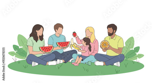 Joyful Family Gathered on Green Ground Enjoying Delicious Fresh Fruits