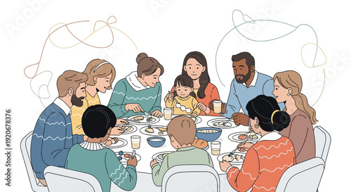 Joyful Family Gathering Around a Table, Sharing a Meal, and Creating Lasting Bonds