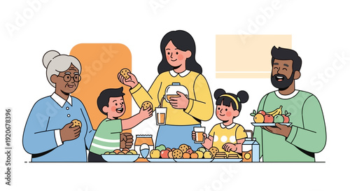 Joyful Family Gathering Around Delicious Treats, Sharing Smiles and Happy Moments Together