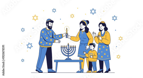 Joyful Family Lighting Hanukkah Menorah Celebrates Religious Tradition