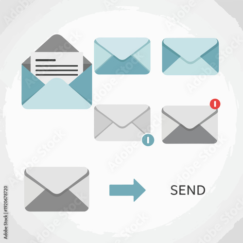 Email icons and send button for communication and messaging