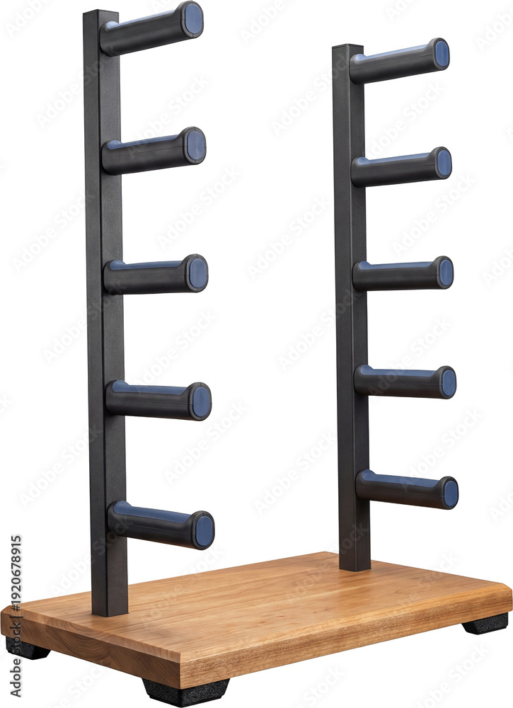 Fototapeta premium Freestanding surfboard rack with wooden base.