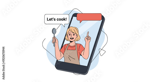 Cheerful female chef on a smartphone screen holding a spoon and inviting viewers to cook during an online culinary class or food blog.