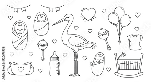 Collection of baby-related icons including a stork, rattles, bottles, and infants in swaddles designed as a black and white coloring page.