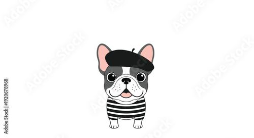 Adorable French bulldog wearing a black beret and a classic black and white striped shirt looking charming and stylish in a cartoon style.