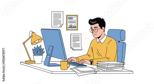 Productive young man wearing glasses and sitting at a tidy desk while working on a computer monitor in a well-lit home office environment.