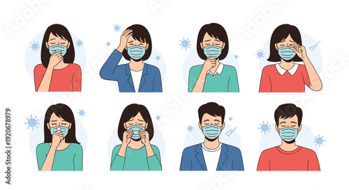 Diverse set of people wearing protective face masks while experiencing symptoms of illness like coughing, sneezing, and fever during a health crisis.
