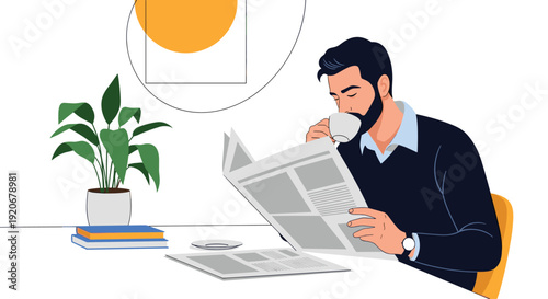 Relaxed man with a beard sitting at a white table reading a newspaper and drinking a cup of coffee during a peaceful morning routine.