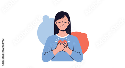 Peaceful woman with closed eyes holding both hands over her heart to express gratitude, self love, and inner peace in a calm setting.