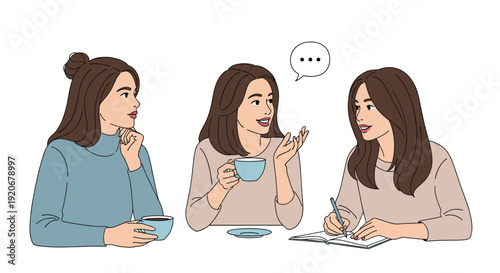 Group of three female friends sitting together at a table and having an engaging conversation while enjoying coffee and taking notes.