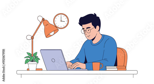 Young man with glasses working intently on a laptop at his desk with a lamp, clock, plant, and coffee mug in his workspace.