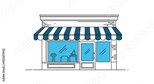 Simple architectural drawing of a retail store front with a blue and white striped awning and large glass display windows.