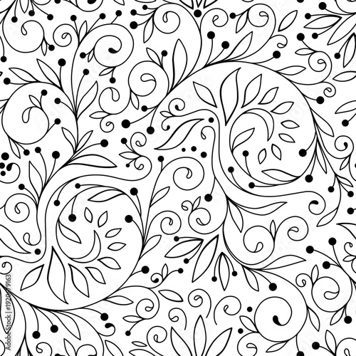 Abstract seamless pattern with openwork ornament of flower, leaves, branches, curls, flowing lines. Floral ornamental texture. Hand drawn vector illustration for wallpaper, wrapping paper, fabric