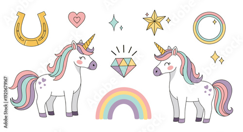 Collection of magical items and cute unicorns including a rainbow, heart, diamond, star, horseshoe, and glittering crystals.