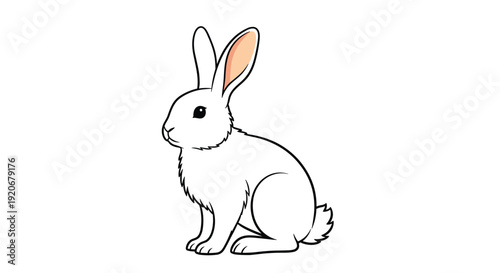 Profile view of a cute white rabbit sitting on its hind legs with long ears and soft fur against a white background.