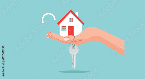 Human hand holding a small model of a white house with a red roof and silver keys hanging on a light blue background.