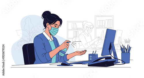 Office worker wearing a protective face mask uses hand sanitizer at her computer desk for safety during the work day.