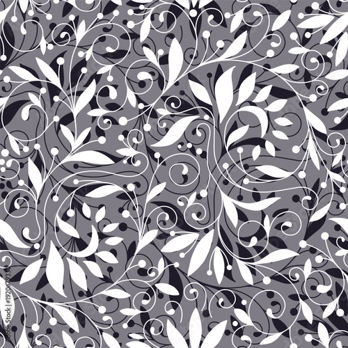 Abstract seamless pattern with openwork ornament of flower, leaves, branches, curl, swirl, flowing line. Floral ornamental texture. Hand drawn vector illustration for wallpaper, wrapping paper, fabric