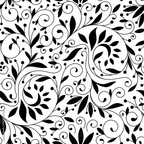 Abstract seamless pattern with openwork ornament of flower, leaves, branches, curls, flowing lines. Floral ornamental texture. Hand drawn vector illustration for wallpaper, wrapping paper, fabric