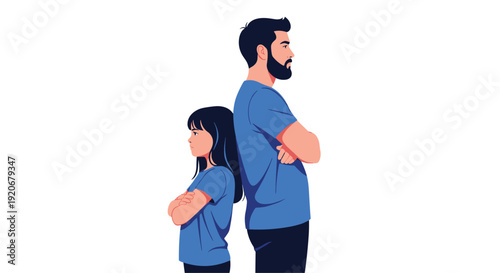 Bearded father and his young daughter stand back to back with their arms crossed appearing upset or angry after an argument.