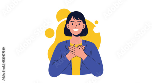 Smiling woman holds her hands against her heart as a gesture of deep gratitude love and sincere appreciation.