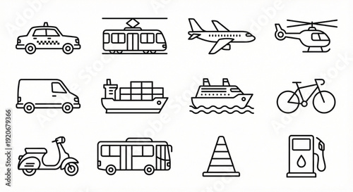 Transportation and Vehicle Line Icon Set with Taxi, Train Airplan,e Ship, and Bus