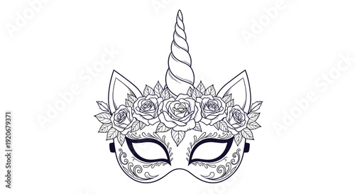 Detailed black and white line art of a unicorn masquerade mask decorated with beautiful roses and floral patterns.