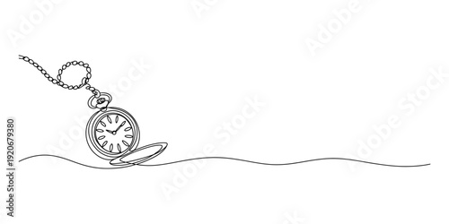 Fotografi A simple black and white line drawing illustration of a vintage pocket watch with a chain and a dotted line extending across the frame