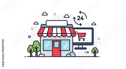 Modern concept of online and offline retail store with twenty four hour service and digital shopping cart icons.