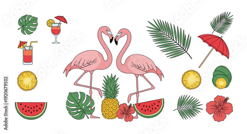 Tropical summer collection featuring two pink flamingos exotic fruits cocktails and green palm leaves on white.