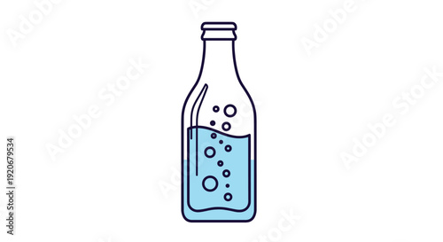 Minimalist flat illustration of a glass bottle filled with a blue bubbly beverage or sparkling water on white.